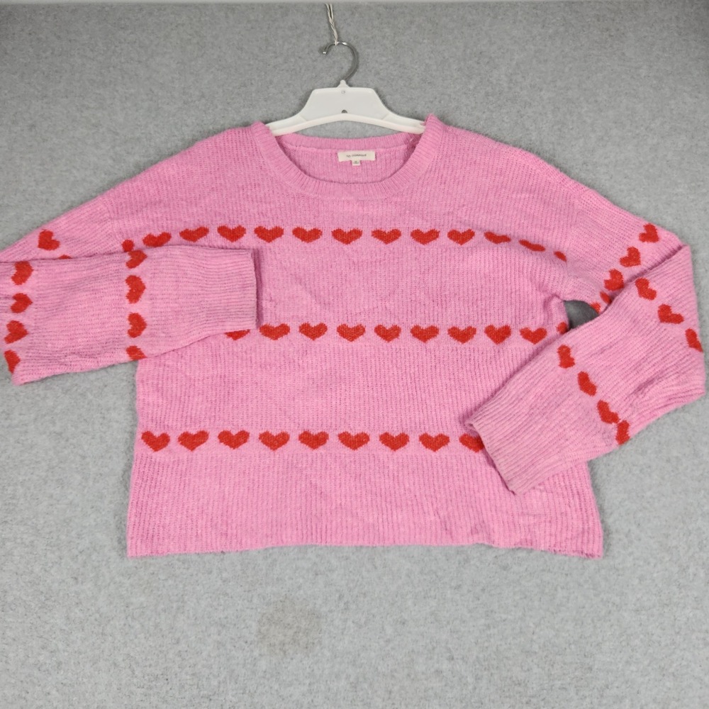 No Comment Sweater Womens Medium Pink Red Rib Knit Heart Print Relaxed Pullover